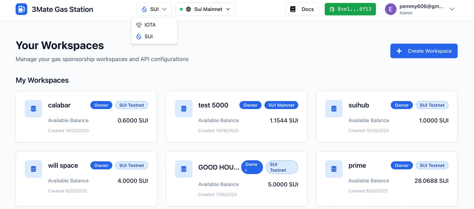 3Mate Gas Station workspace and gas sponsorship dashboard